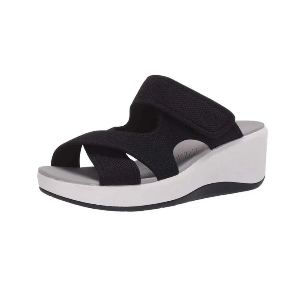 Clarks Cloudsteppers Wedge Sandals Size 9 Black White‎ Arla Glade Slide